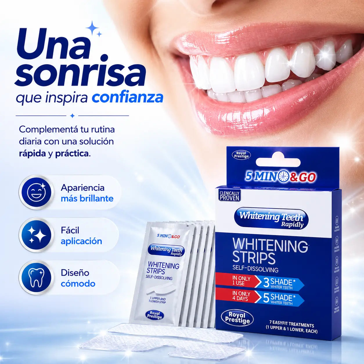 SmileGlow®: Tiras Blanqueadoras Autodisolubles 5 Minutos