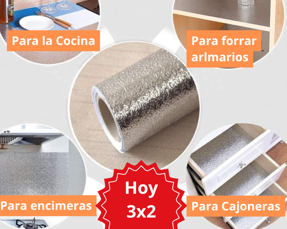 PROMO 3X2 VINIL ALUMINIO ADHESIVO PARA COCINA 60cm x 5 m