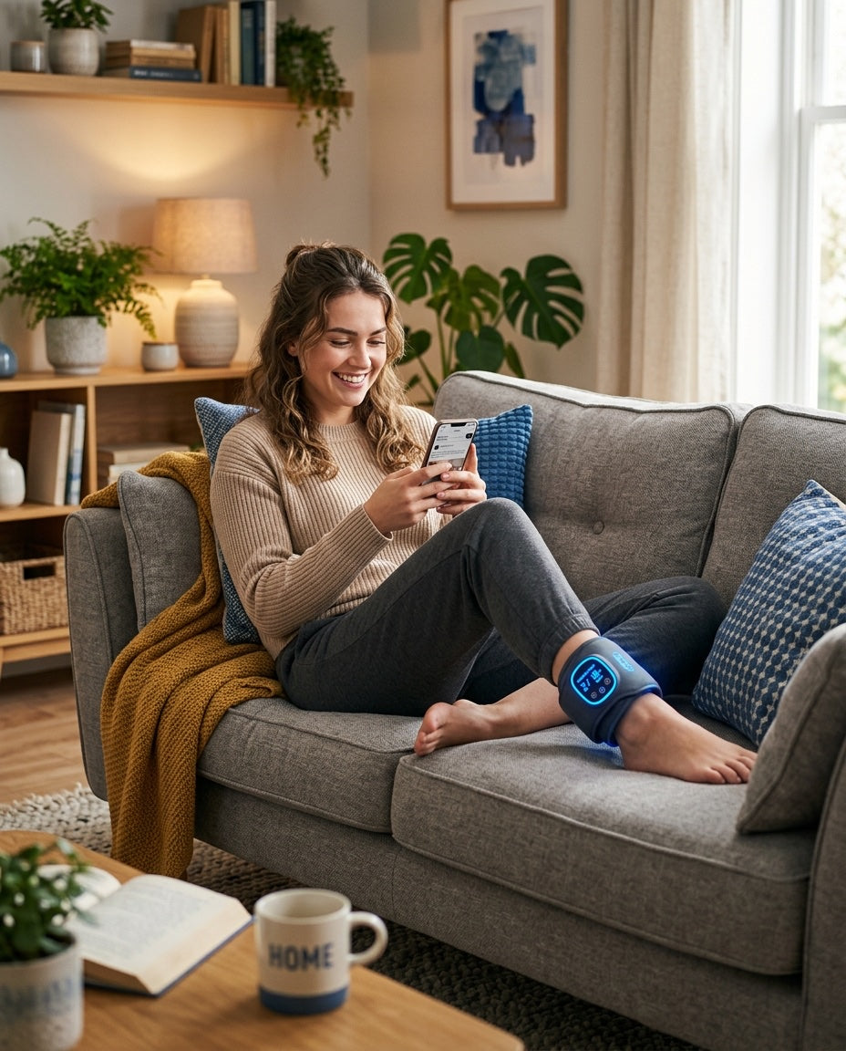 Mujer usando AnkleWave Pro® en sofá