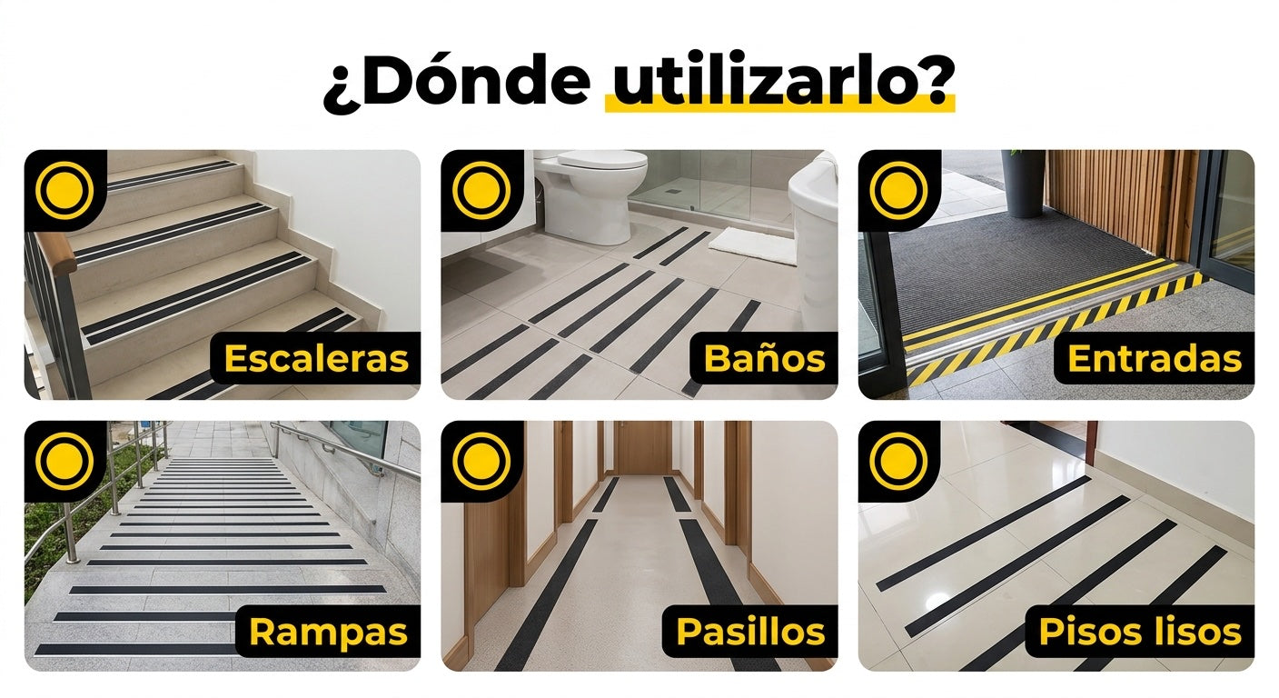 Usos: escaleras, baños, rampas, entradas