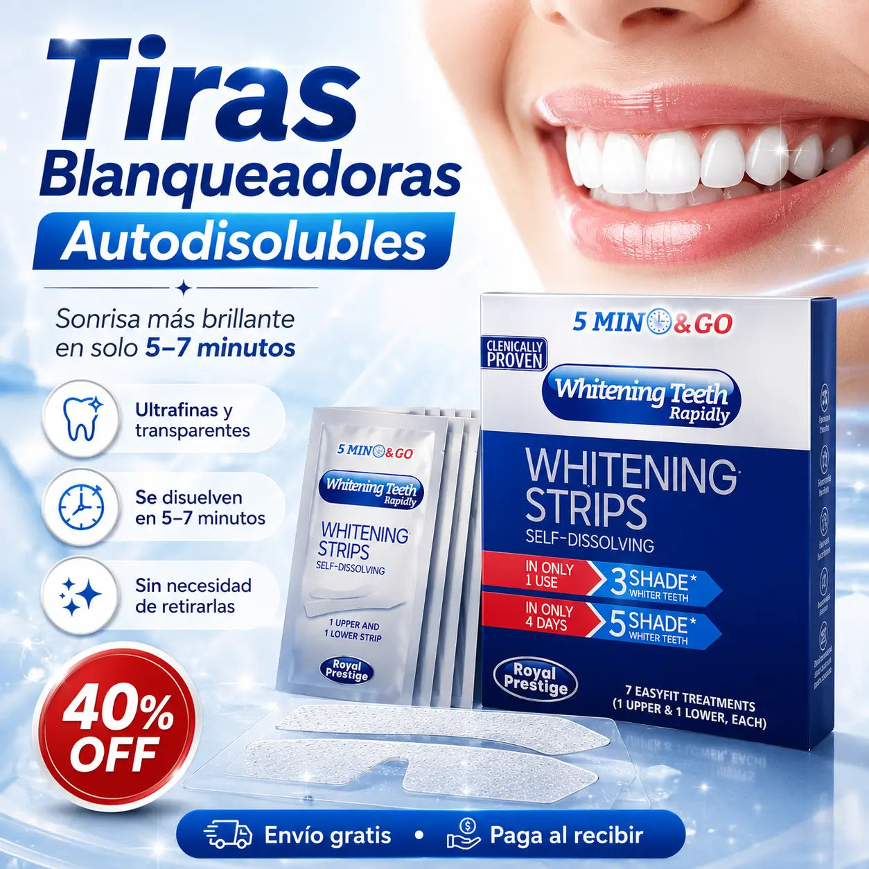 SmileGlow®: Tiras Blanqueadoras Autodisolubles 5 Minutos