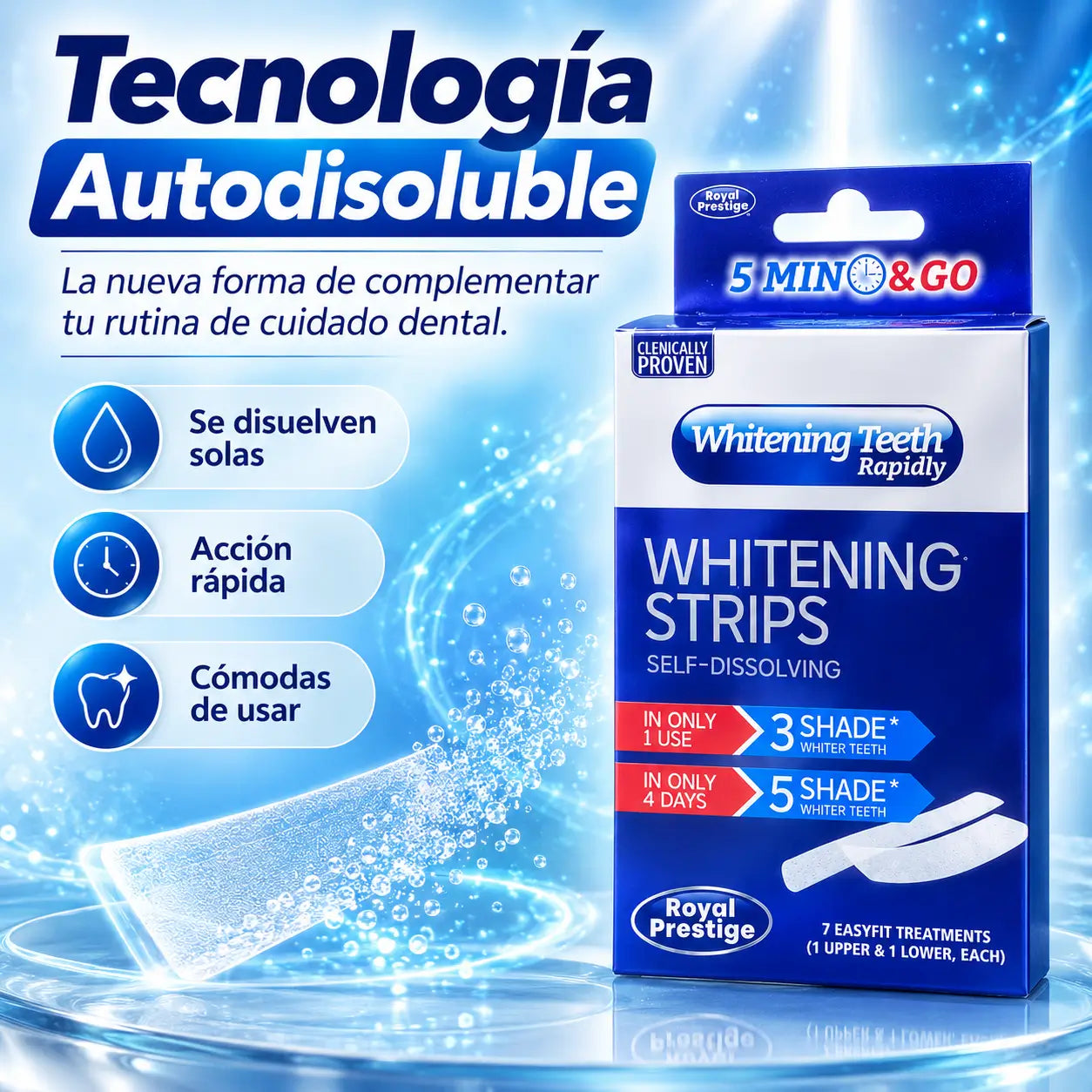 SmileGlow®: Tiras Blanqueadoras Autodisolubles 5 Minutos