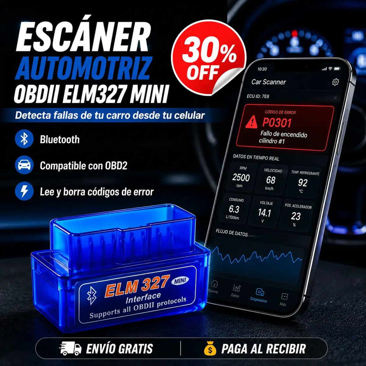 ScanDrive Pro®: Escáner Automotriz OBDII ELM327 Mini Bluetooth