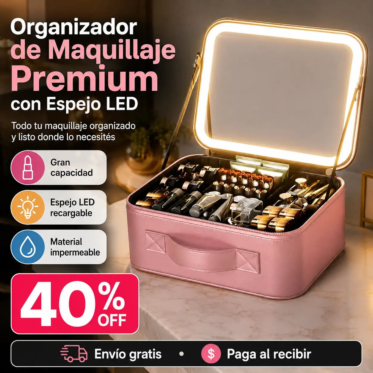 BeautyCase®️: Organizador de Maquillaje Premium con Espejo LED Recargable