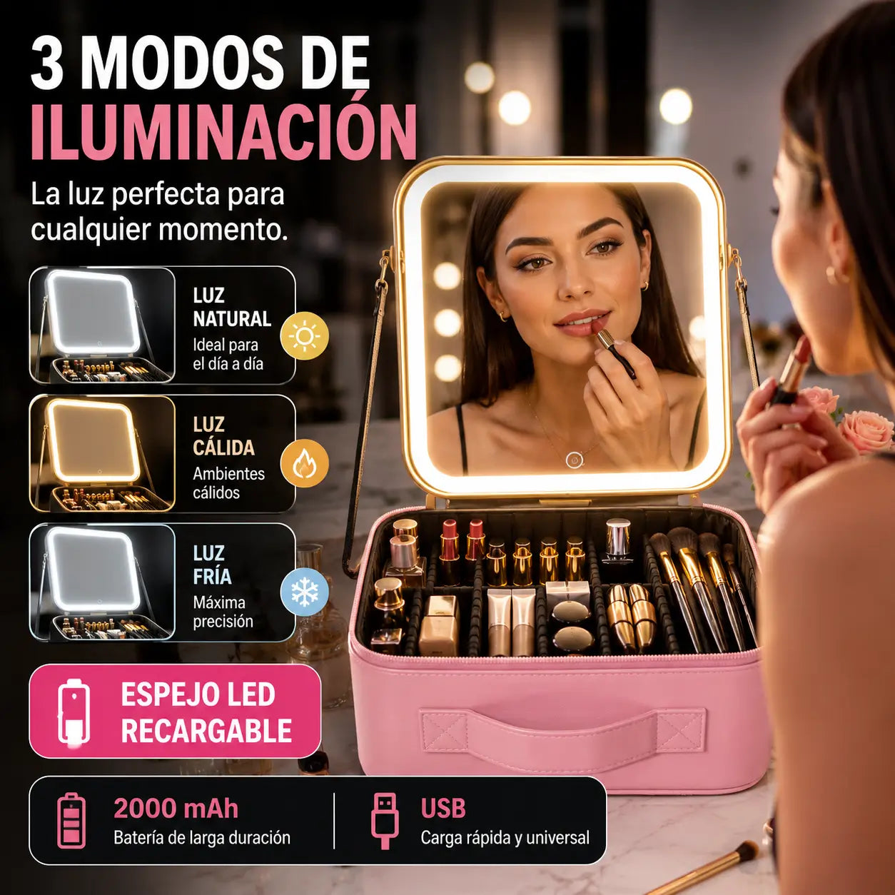 BeautyCase®️: Organizador de Maquillaje Premium con Espejo LED Recargable