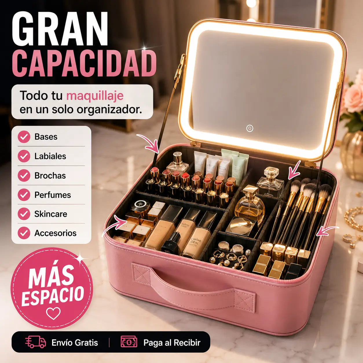 BeautyCase®️: Organizador de Maquillaje Premium con Espejo LED Recargable