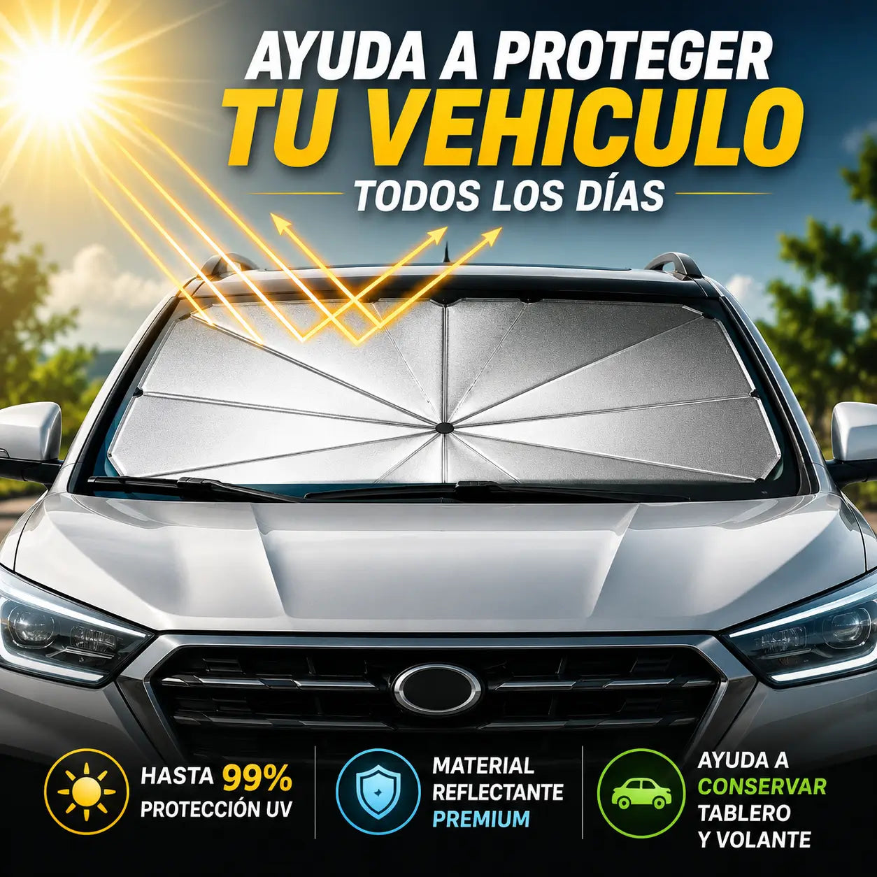 SunShield Pro®️: Parasol Tipo Paraguas para Carro + Soporte Magnético Premium de REGALO 🎁